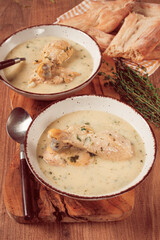 Chikhirtma chicken soup, Georgian dish, with lavash, top view, no people,