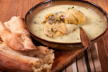 Chikhirtma chicken soup, Georgian dish, with lavash, top view, no people,