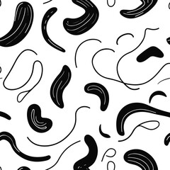 Seamless Natural Doodle Line Art Pattern, Bold Black Hand-Drawn Curves and Shapes, Minimal Abstract Vector on White Background