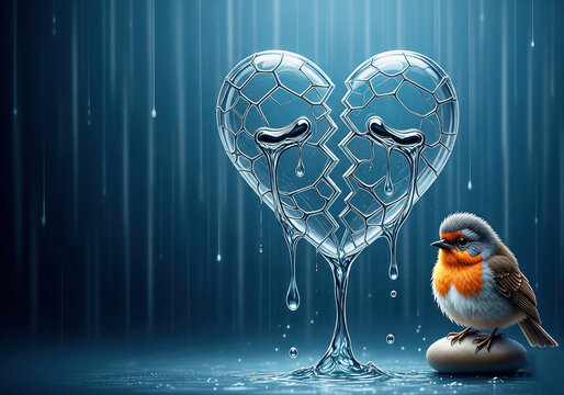 Cracked crystal heart and bird. Space for text.