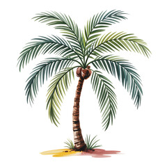 Watercolor painting of a lush green palm tree isolated on transparent background