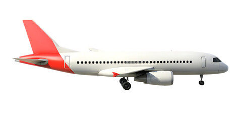 Obraz premium White jetliner with red tail isolated on a transparent background