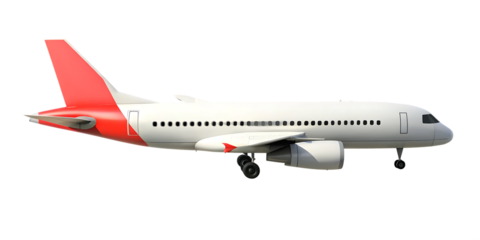 White jetliner with red tail isolated on a transparent background