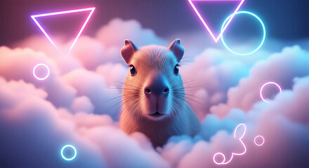 Capybara portrait in neon clouds with geometric triangle background
