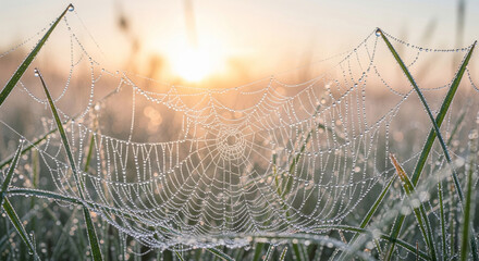 Close-up of spiderwebs covered in morning dew or frost, illuminated by sunlight