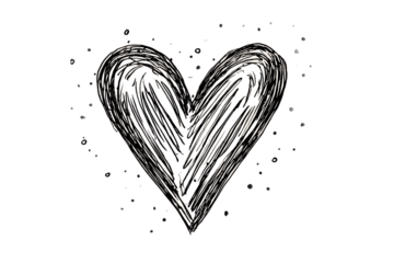 Abstract Hand Drawn Black Heart Sketch, isolated on white transparent background