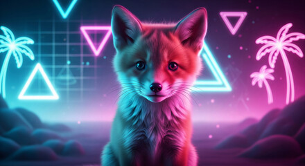Retro 80s neon vaporwave fox portrait with geometric features