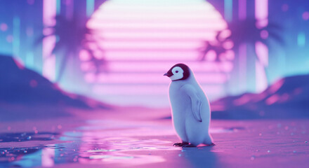 Fototapeta premium Retro 80s neon vaporwave penguin standing on a platform