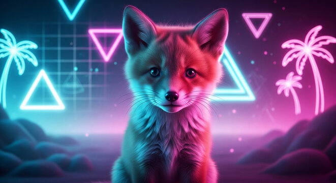 Retro 80s neon vaporwave fox portrait with geometric features - Powered by Adobe