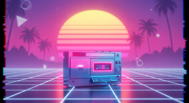 Retro 80s neon vaporwave scene with boombox, palm trees, and sunset grid - Powered by Adobe
