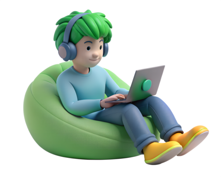 Boy with headphones using laptop while sitting on beanbag, isolated on transparent background