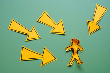 Workplace bullying or social pressure. Arrows pointing at crumpled figure.