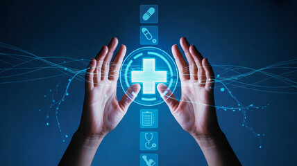 Hands presenting advanced healthcare solutions with modern medical technology interface design