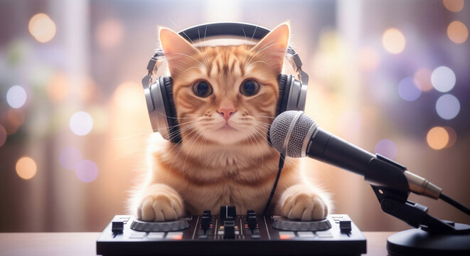 A cute orange tabby cat wearing large headphones and sitting in front of a professional microphone, ready to record.
