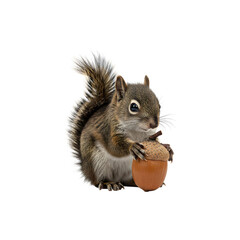 Obraz premium Cute squirrel holding acorn nut sitting upright, isolated on white background for wildlife and nature themes