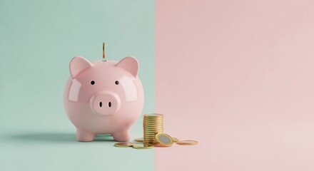 A piggy bank, symbolizing savings and financial security, is displayed against a dual-tone backdrop. The close-up shot captures the concept of accumulating wealth and prosperity.