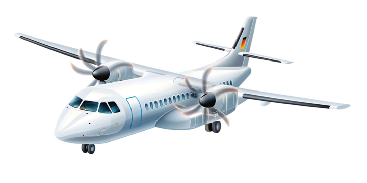 White turboprop aircraft flying isolated on a transparent background