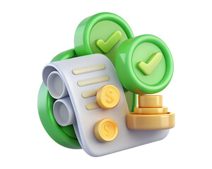 Financial document with check marks and coins, symbolizing approved payment, isolated on transparent background