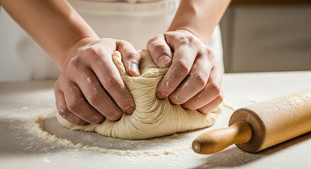 Close-up of human hands kneading raw dough on a surface, preparing bread or pastry from scratch.