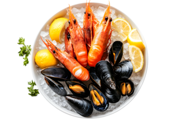 A top view of prawns and mussels with lemon wedges on ice in a white plate presentation style on transparent background