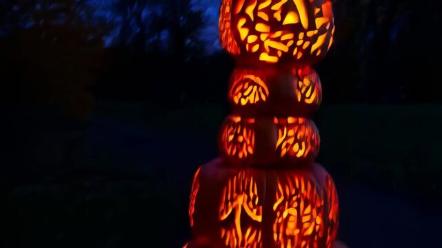 A stack of carved pumpkins with carved faces on them, forming a tower in the dark.