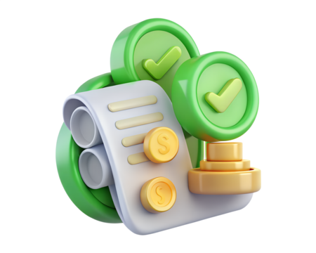 Financial document with check marks and coins, symbolizing approved payment, isolated on transparent background