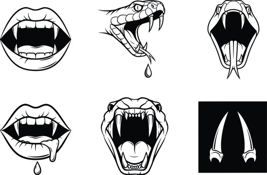 Creepy vampire mouths and fangs set with dripping saliva and snake head illustration