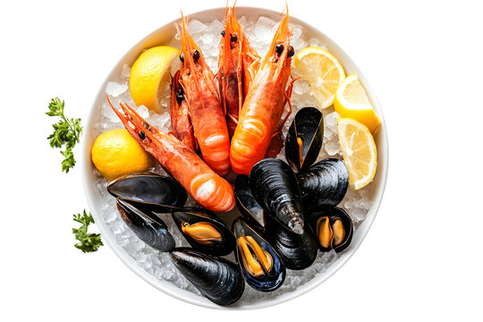 A top view of prawns and mussels with lemon wedges on ice in a white plate presentation style on transparent background - Powered by Adobe