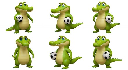 Fototapeta premium Cartoon crocodiles holding soccer balls