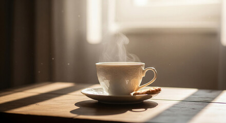 Steaming cup of coffee or tea with a cookie on a saucer, bathed in soft morning light on a white surface.