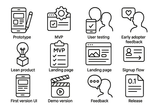MVP Development Icons. Line style icons of MVP development: prototype icon, quick build icon, user testing icon, early adopter
