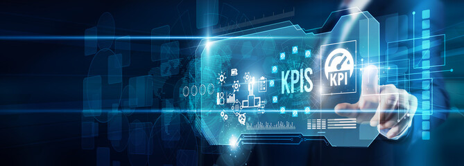 The performance officer's hand is touching KPI measurement data metrics evaluation, reporting...