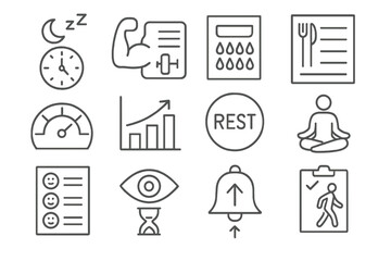 Health and Productivity Icons. Line style icons of health and productivity: sleep schedule icon, workout log card, water intake