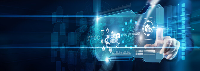 Logistics expert hand touching supply chain management data logistics inventory tracking, procurement distribution production coordination efficiency visibility integration resilience growth.