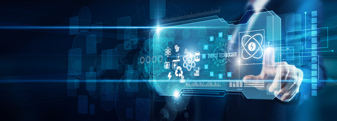 Engineer's hand touching energy technology data sustainability power innovation, renewable efficiency Grid storage smart systems clean resource transformation monitoring.