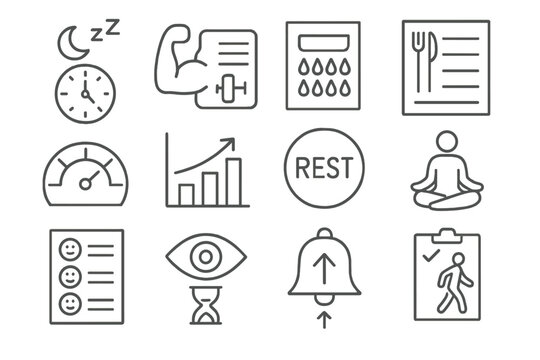 Health and Productivity Icons. Line style icons of health and productivity: sleep schedule icon, workout log card, water intake