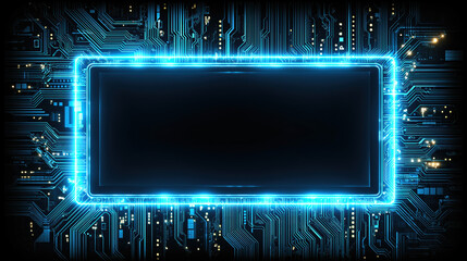 Abstract Futuristic Technology Background with Blue Neon Frame and Digital HUD Interface &ndash; Circuit Board Design and Cyber Tech Light Portal Vector Illustration