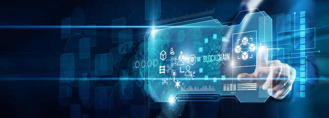 A developer's hand touching blockchain ledger data decentralization security transparency, cryptocurrency smart contracts integration trust innovation finance transformation growth future.