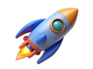 Cartoon rocket blasting off with fire and smoke isolated on transparent background