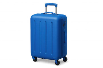 Studio shot of a blue suitcase with retractable handle extended, isolated on a transparent background