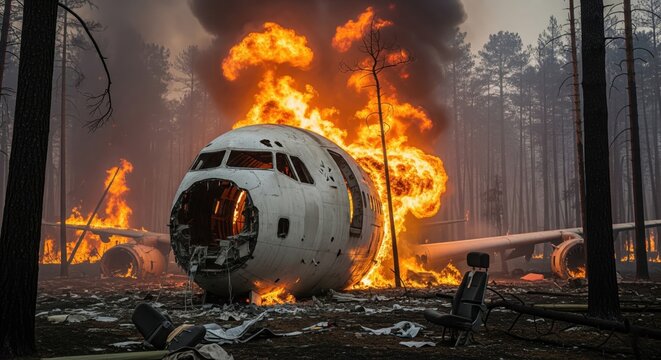 Burning wreckage of crashed airplane engulfed in flames in a forest setting with heavy smoke. Documentary photography of aviation disaster aftermath