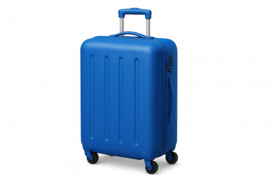 Studio shot of a blue suitcase with retractable handle extended, isolated on a transparent background