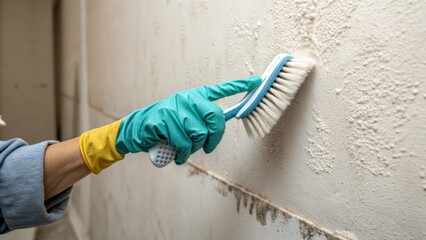 Cleaning Moldy Wall with Scrub Brush and Gloves