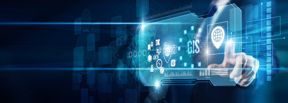 An analyst's hand touching GIS spatial mapping data visualization analytics, geolocation cartography environment monitoring planning applications integration innovation sustainability, and global.