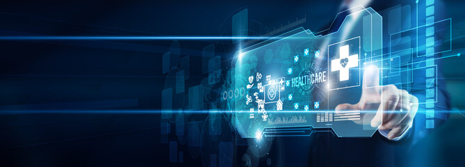 Doctor's hand touching healthcare patient data diagnosis treatment, medical technology telemedicine innovation efficiency accessibility transformation, and global sustainable wellness.