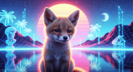 Portrait of a cute fox cub in a vibrant, retro 80s vaporwave or synthwave style background