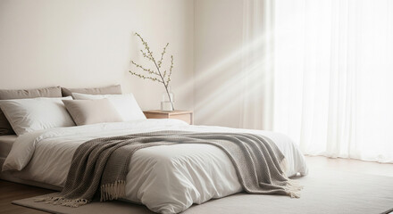 Fototapeta premium Bright minimalist bedroom interior with white walls, bed, and decorative branch