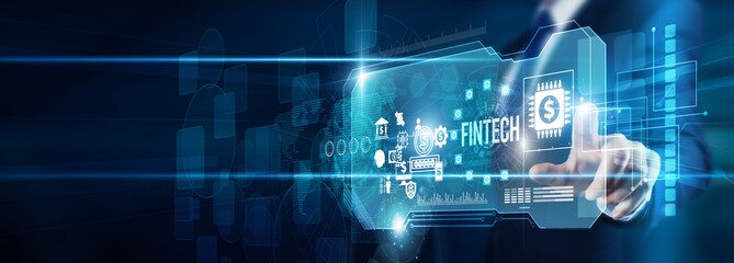 Investor hand touching fintech digital finance blockchain data innovation, mobile payments banking solutions integration transformation, and global economy trust scalability.