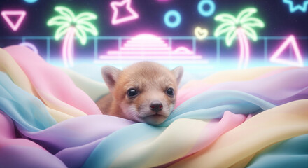 Retro 80s vaporwave chihuahua puppy dog portrait with neon background