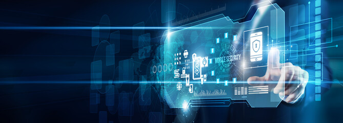 Officer's hand touching mobile security encrypted data authentication authorization, threat prevention compliance resilience innovation scalability transformation global protection.